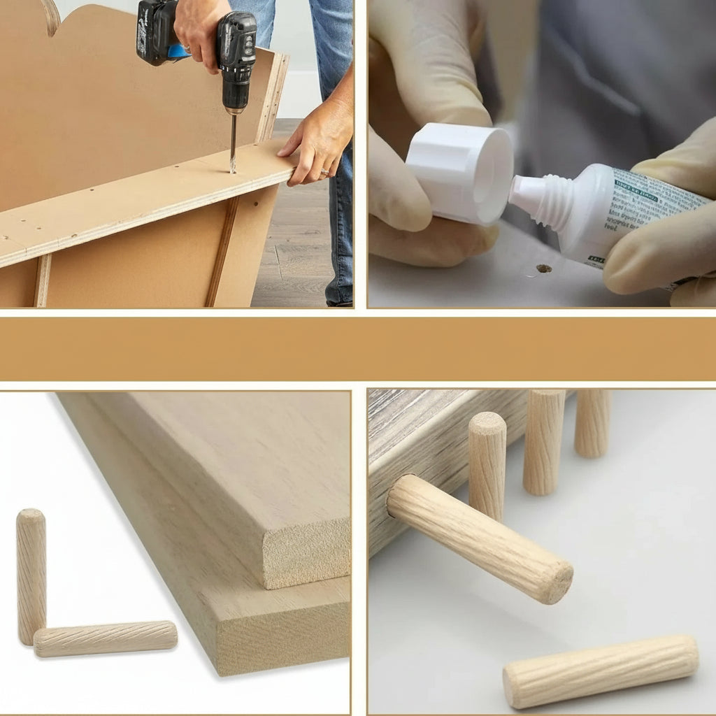 50本入り/パック 丸型木製ダボピン 6×40mm 8×40mm 10×40mm キャビネット 引き出し 溝付き丸型 DIY木工用 ダボ治具ドリル対応